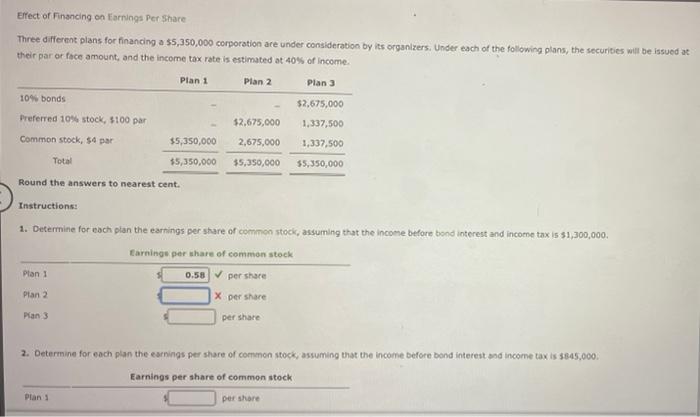 Solved Effect of Financing on Earnings Per Share Three | Chegg.com