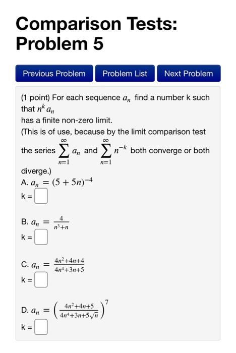 Solved Comparison Tests: Problem 5 Previous Problem Problem | Chegg.com