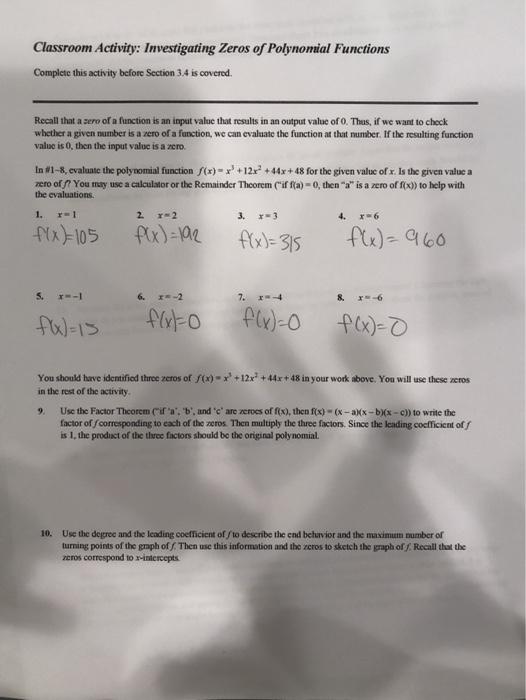 Solved Classroom Activity: Investigating Zeros of Polynomial | Chegg.com
