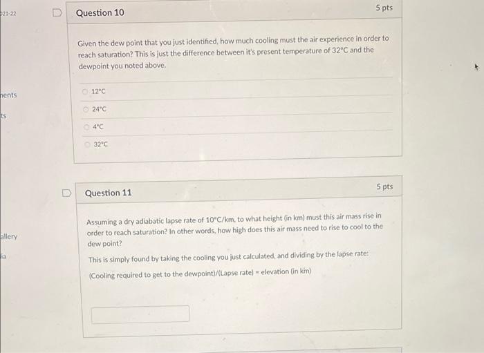 Solved 021.22 D 5 pts Question 10 Given the dew point that | Chegg.com