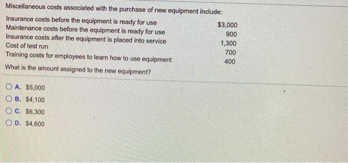 Solved Miscellaneous Costs Associated With The Purchase Of | Chegg.com