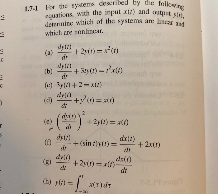 Solved 1.7-1 For the systems described by the following | Chegg.com