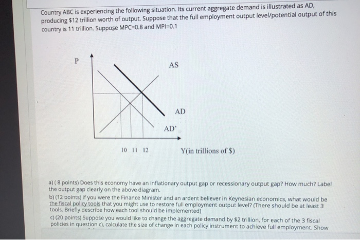 Country ABC is experiencing the following situation. Its current aggregate demand is illustrated as AD,
producing $12 trillio