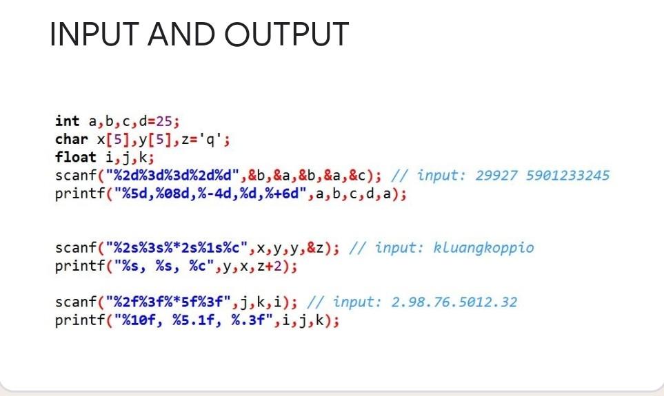 Solved INPUT AND OUTPUT int a,b,c,d=25; char x[5],y[5], | Chegg.com