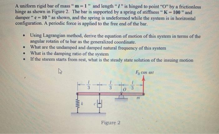 Solved A uniform rigid bar of mass "m=1" and length "7" is | Chegg.com
