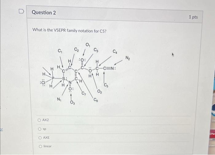 Solved What is the VSEPR family notation for C5? AX2 sp AXE