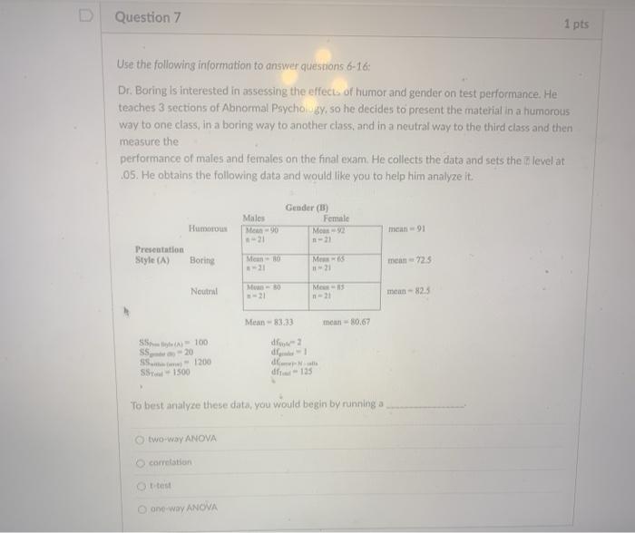 Solved Question 7 1 pts Use the following information to | Chegg.com