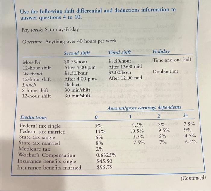 Solved Use the following shift differential and deductions | Chegg.com