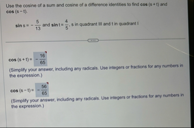 [Solved]: Use the cosine of a sum and cosine of a difference