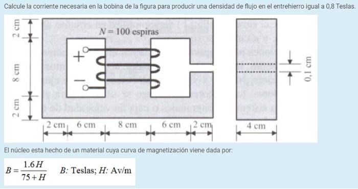 El núcleo esta hecho de un material cuya curva de magnetización viene dada por: \[ B=\frac{1.6 H}{75+H} \quad B: \text { Tesl