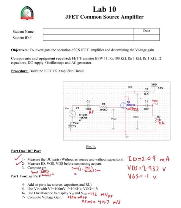 Lab 10 JFET Common Source Amplifier Date Student