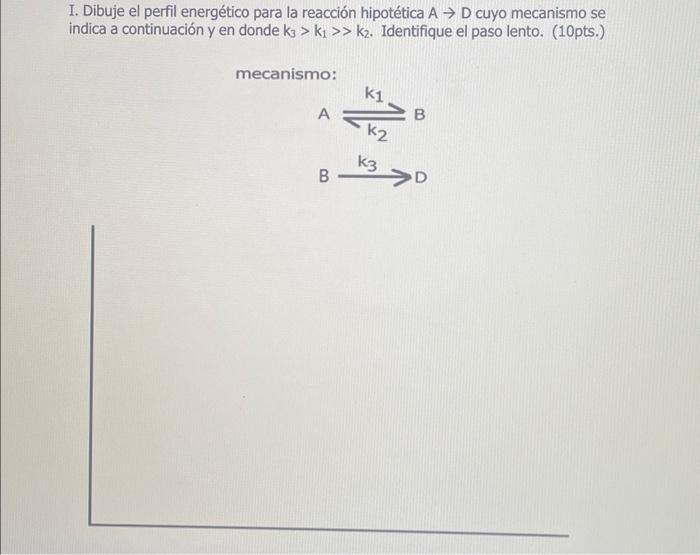 I. Dibuje el perfil energético para la reacción hipotética \( A \rightarrow D \) cuyo mecanismo se indica a continuación y en