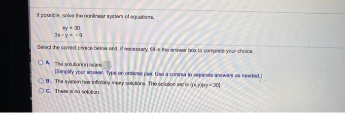 Solved If possible, solve the nonlinear system of equations. | Chegg.com