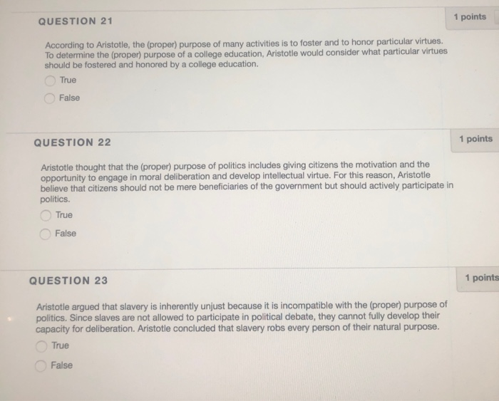 Solved 1 points QUESTION 21 According to Aristotle, the | Chegg.com