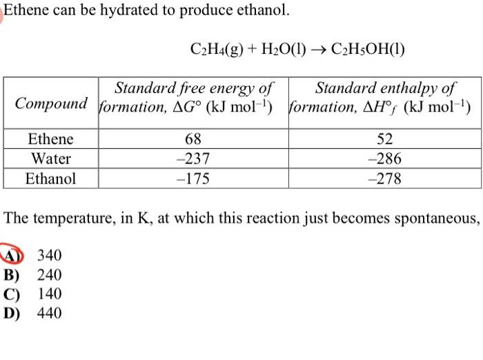 Solved Ethene can be hydrated to produce ethanol. C2H4 g