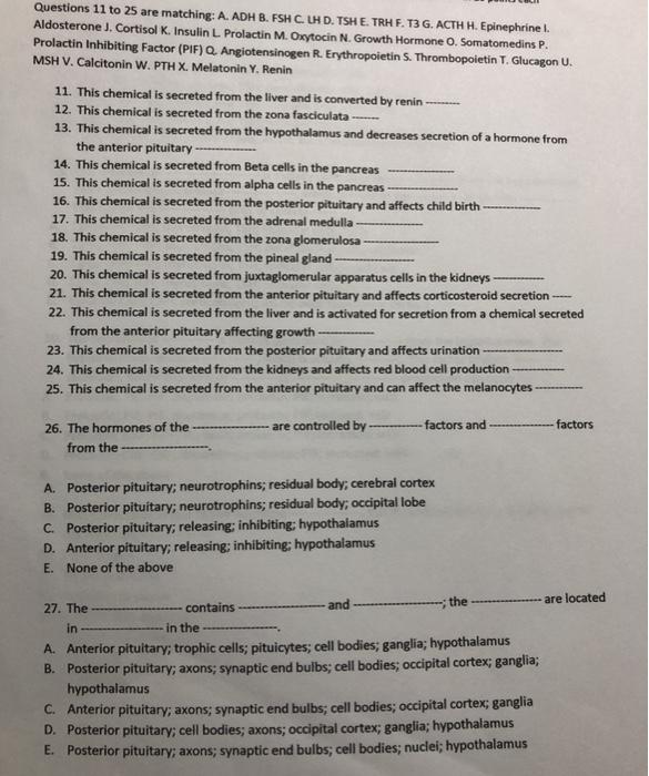 Solved Questions 11 To 25 Are Matching A Adh B Fshc L Chegg Com