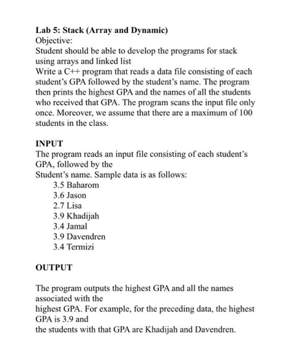 Solved Lab 5: Stack (Array and Dynamic) Objective: Student | Chegg.com