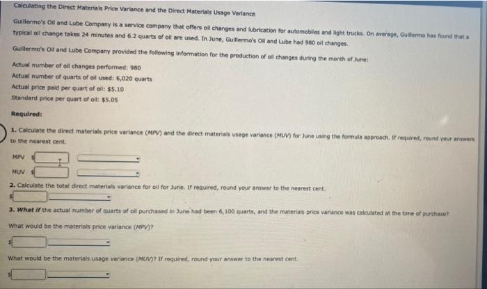Solved Calculating the Direct Materials Price Variance and | Chegg.com