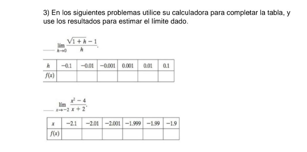 3) En los siguientes problemas utilice su calculadora para completar la tabla, y use los resultados para estimar el límite da