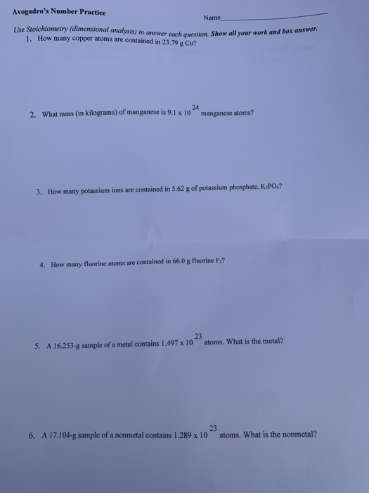 Solved Avogadro's Number Practice Name The Stoichiometry | Chegg.com