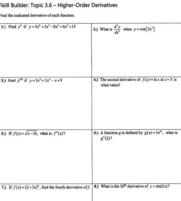 Solved Skill Builder: Topic 3.6 - Higher-Order Derivatives9 | Chegg.com