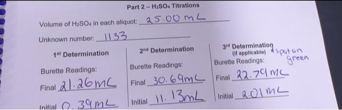 Solved Part 2−H2SO4 Titrations Volume of H2SO4 in each | Chegg.com