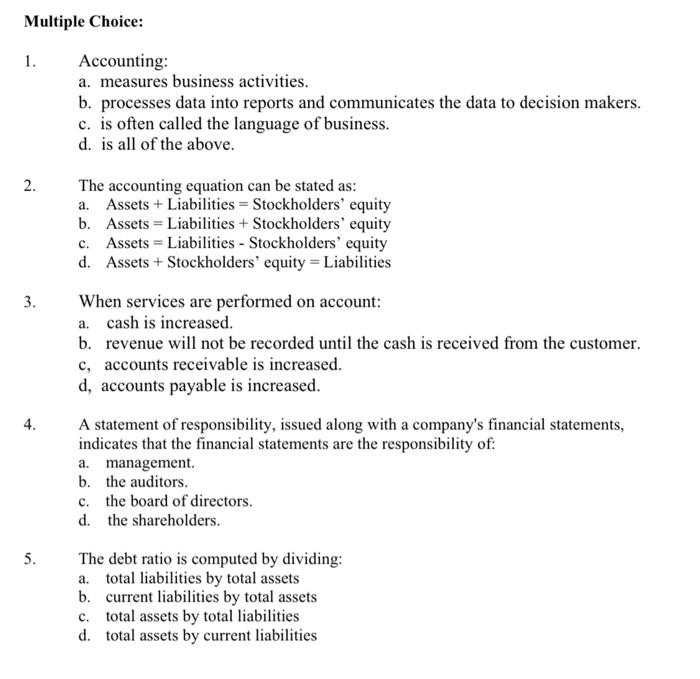 Solved Multiple Choice: Accounting: A. Measures Business | Chegg.com