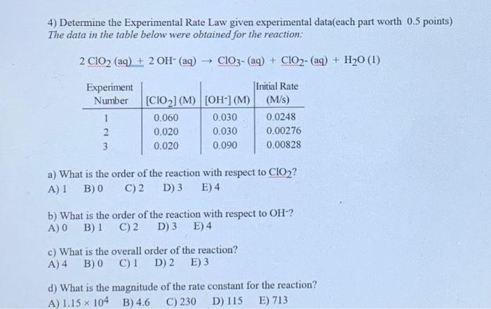 Solved 4) Determine the Experimental Rate Law given | Chegg.com