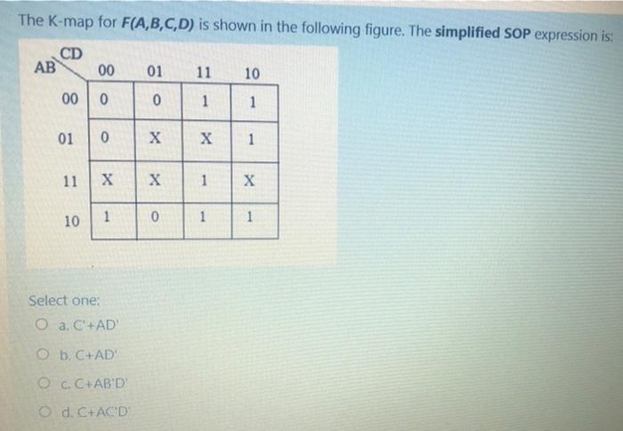 Solved The K-map for F(A,B,C,D) is shown in the following | Chegg.com