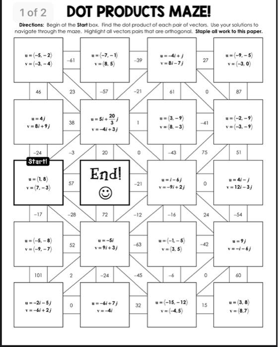 Solved 1 of 2 DOT PRODUCTS MAZE! Directions: Begin at the | Chegg.com