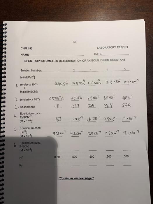 Solved 56 CHM 153 LABORATORY REPORT NAME SPECTROPHOTOMETRIC