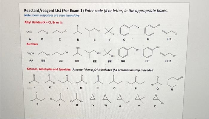 Reactant/reagent List (For Exam 1) Enter code (\# or letter) in the appropriate boxes. Note: Exam responses are cose insensit