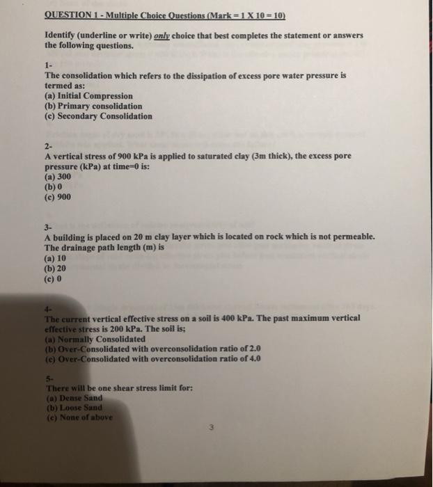 Solved QUESTION 1 - Multiple Choice Questions (Mark = 1 X 10 | Chegg.com