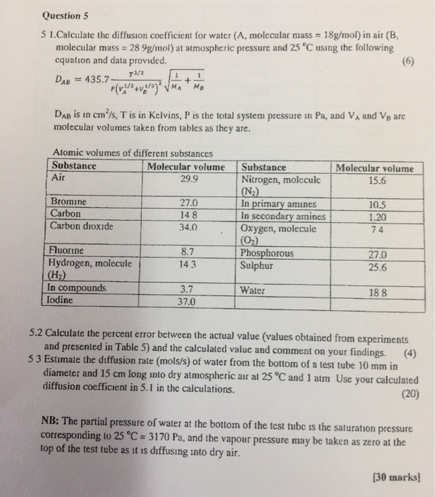Solved Question 5 5 1.Calculate the diffusion coefficient | Chegg.com