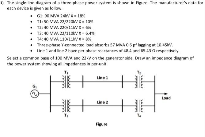 Solved 1) The single-line diagram of a three-phase power | Chegg.com