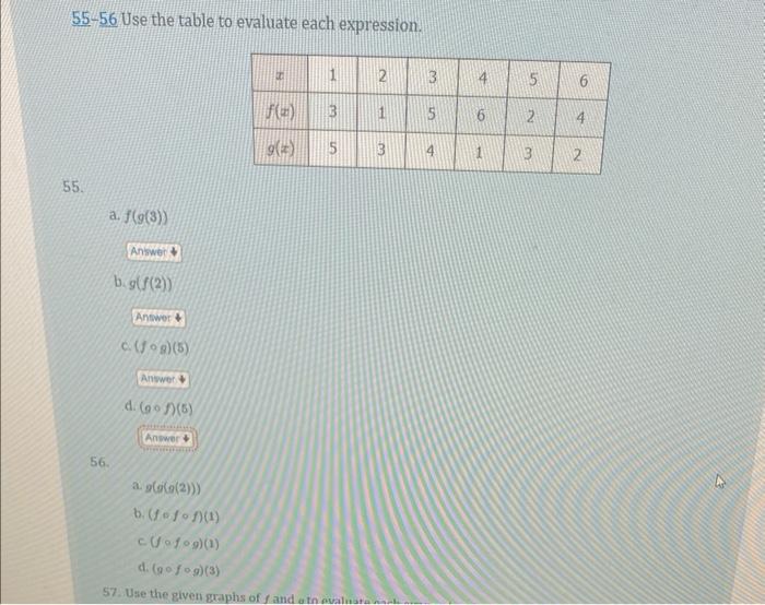 Solved 55−56 Use the table to evaluate each expression. 55. | Chegg.com