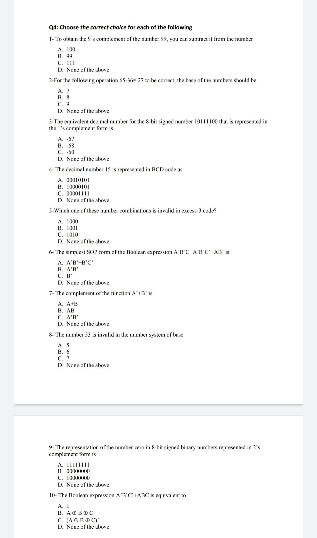 Solved Q4: Choose the correct choice for each of the | Chegg.com