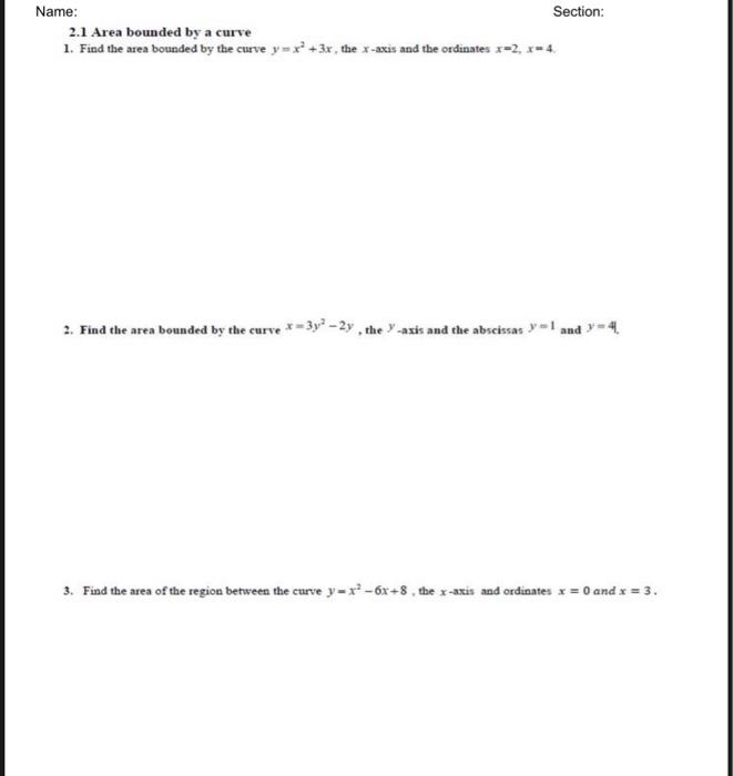 Solved 2.2 Area between two curves 1. Find the areas of the | Chegg.com