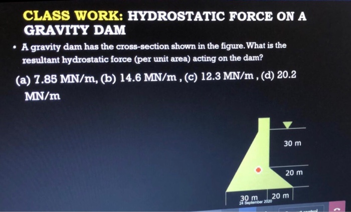 Solved Class Work Hydrostatic Force On A Gravity Dam A Chegg