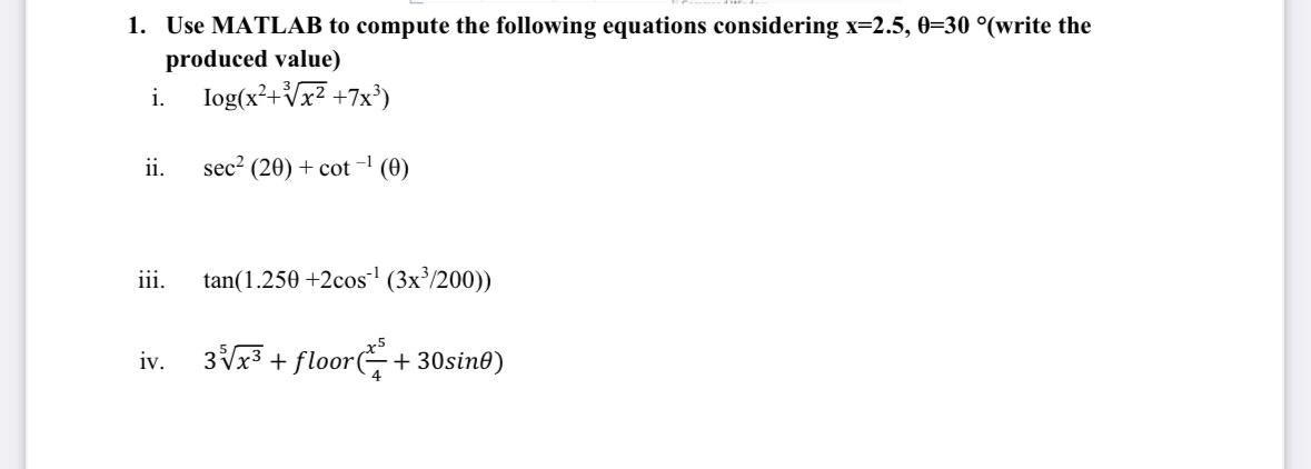 Solved Use MATLAB to compute the following equations | Chegg.com