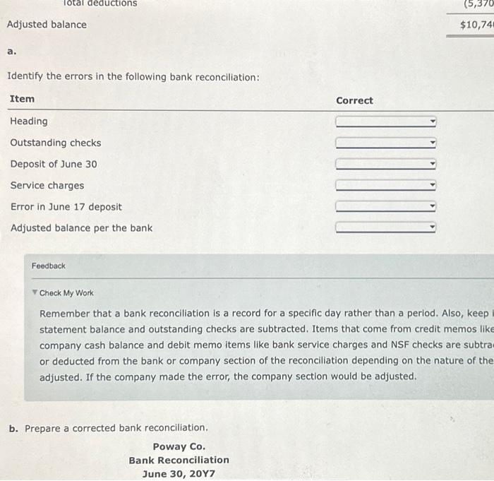 Solved Bank reconciliationAdjusted balance $10,74 a. | Chegg.com
