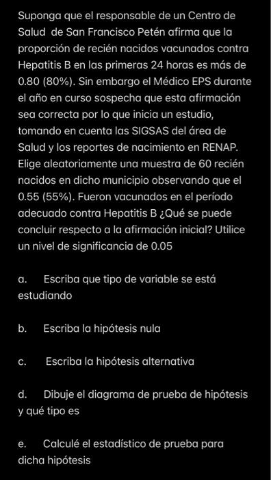 Suponga que el responsable de un Centro de Salud de San Francisco Petén afirma que la proporción de recién nacidos vacunados