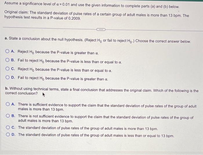 Solved Assume A Significance Level Of α=0.01 And Use The | Chegg.com