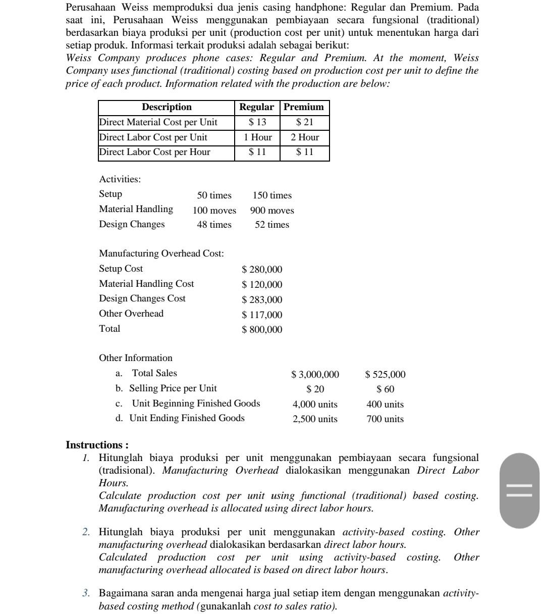 Solved Perusahaan Weiss Memproduksi Dua Jenis Casing | Chegg.com