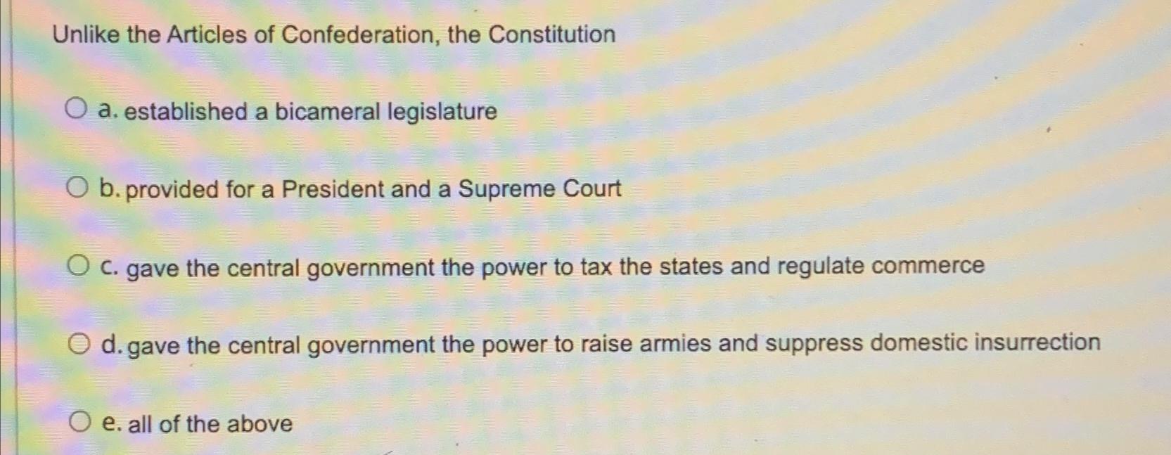 Solved Unlike The Articles Of Confederation, The | Chegg.com