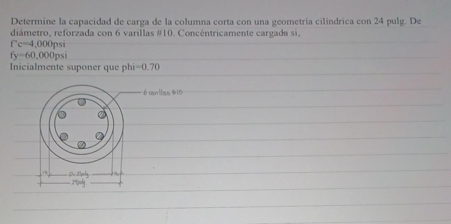 Determine la capacidad de carga de la columna corta con una geometría cilíndrica con 24 pulg. De diámetro, reforzada con 6 va