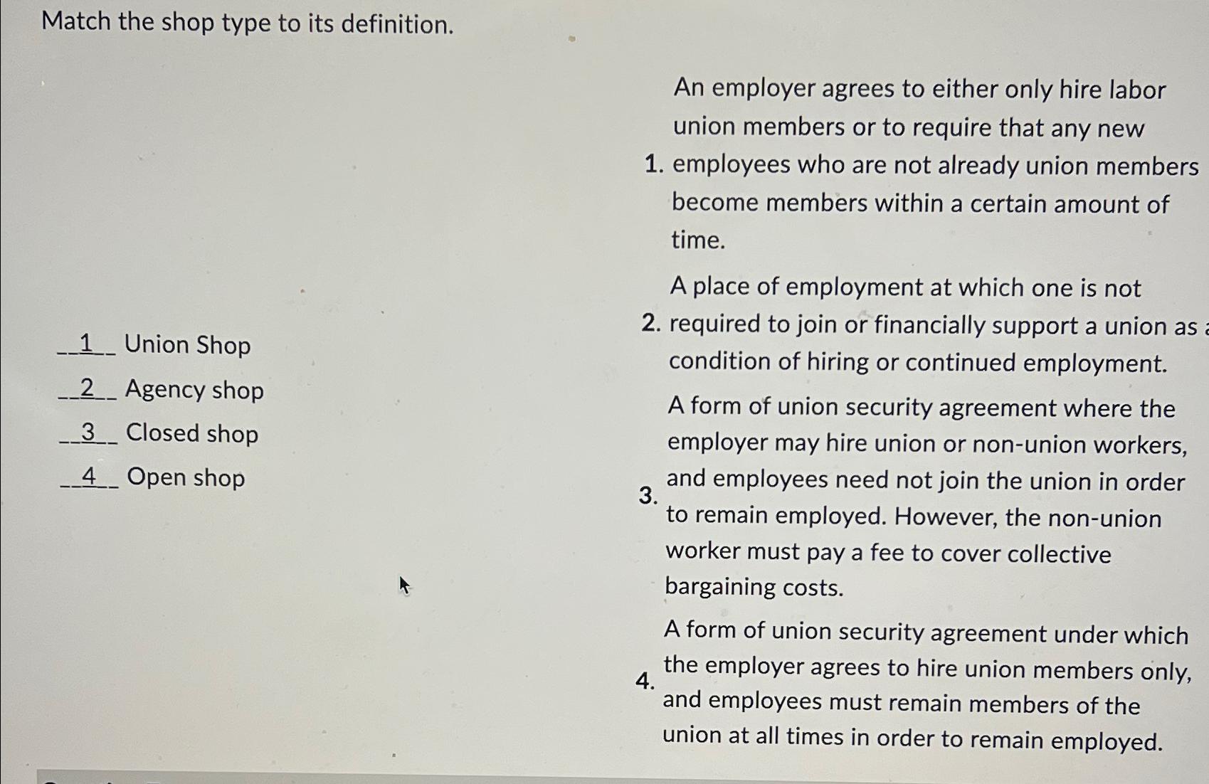 Solved Match the shop type to its definition.Union Shop2_