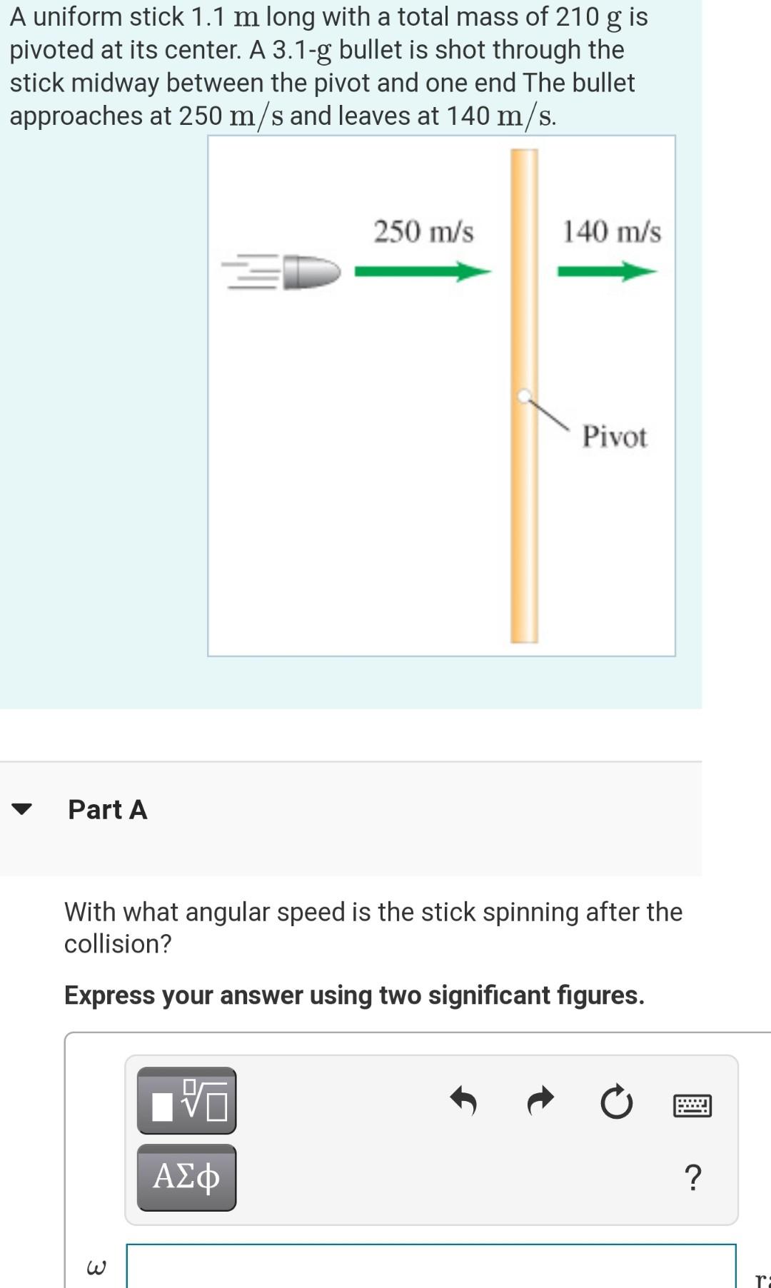 Solved A uniform stick 1.1 m long with a total mass of 210 g | Chegg.com