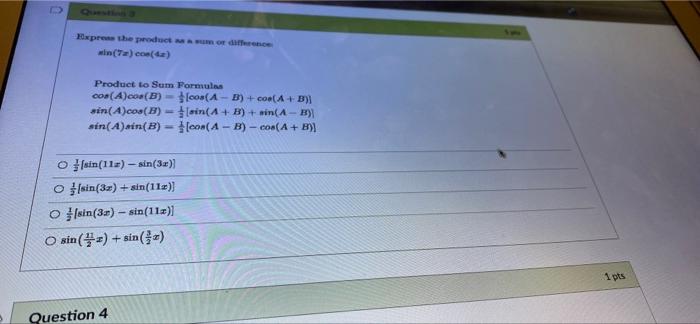 Express the productor dance win (7) co(a) Product to Sum Formulas Con(A)cos(B) - ſoos(A - B) + Cool A+B) sin(A)cos(B) - Lain(