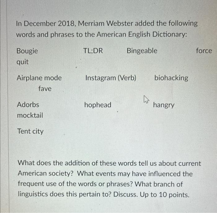 In December 2018, Merriam Webster Added The Following | Chegg.com